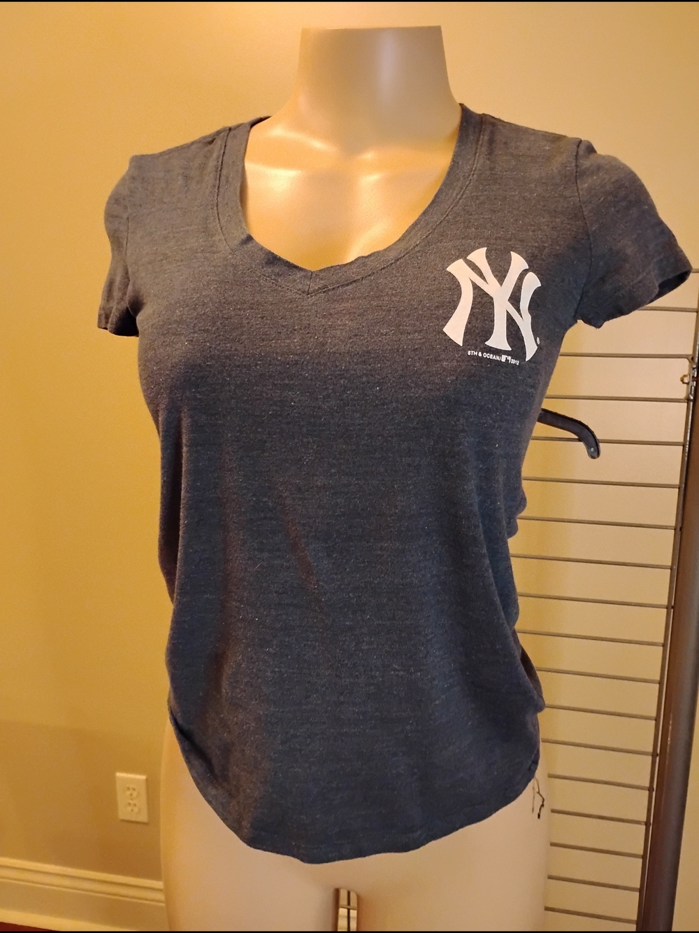 Genuine Merchandise Women's Heather Navy V-Neck Tee with White NY Emblem